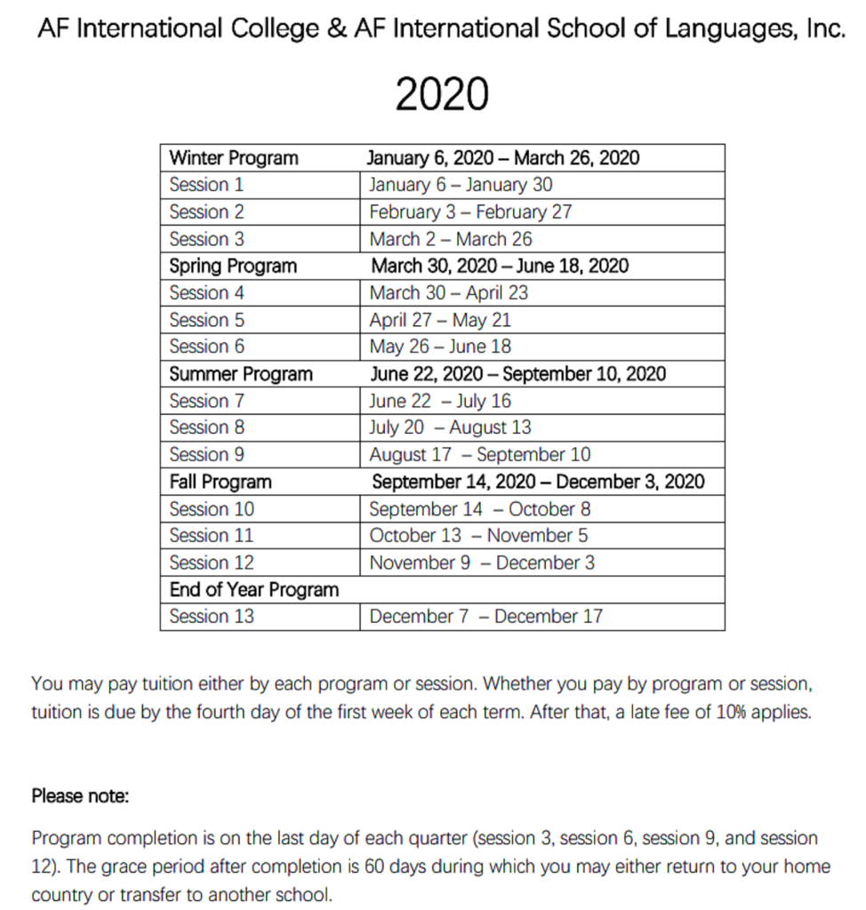 Academic Calendar language school 2020
