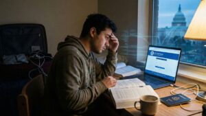 Stressed international student in a dorm looks at the DHS student portal on a laptop.