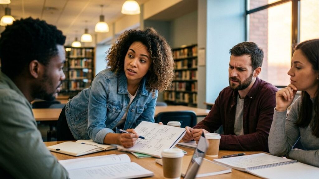 A diverse group of ESL students collaborating at a table, practicing active listening and giving group feedback.