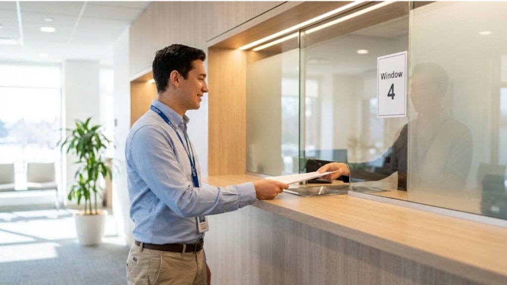 Student wearing business casual attire at a US consulate visa interview window.