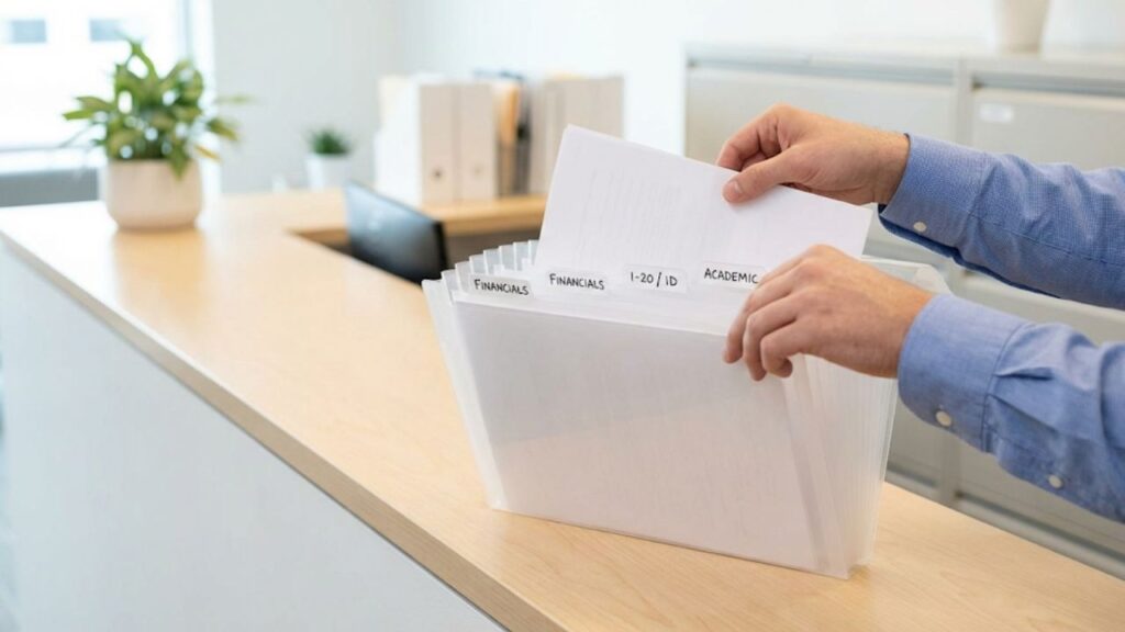 F1 student visa interview preparation showing passport, I-20 form, and organized documents.