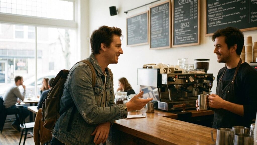 A person smiling while ordering coffee, illustrating a low-pressure daily interaction to practice speaking English.
