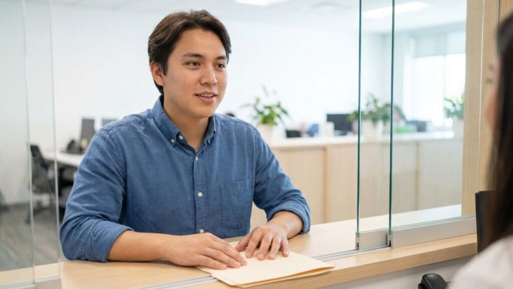 Confident student answering US visa interview questions at a consulate counter.
