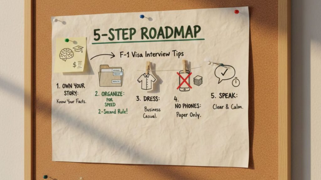 Visual 5-step F-1 visa interview roadmap on a corkboard detailing preparation, organization, attire, and speaking tips.