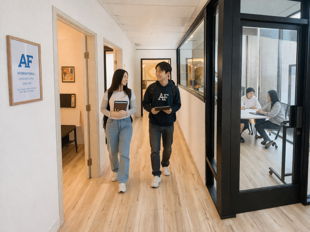 students improving English speaking skills through conversation practice in Los Angeles ESL program