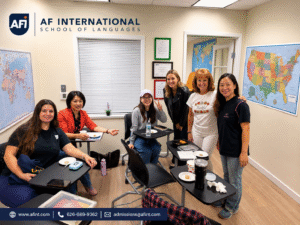 International students and teachers in ESL classroom at AF International School of Languages Thousand Oaks California