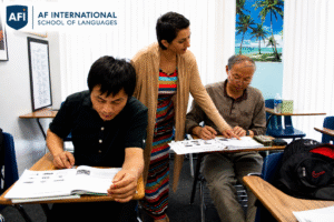 Multicultural international students studying together at AF International School in Pasadena, Los Angeles