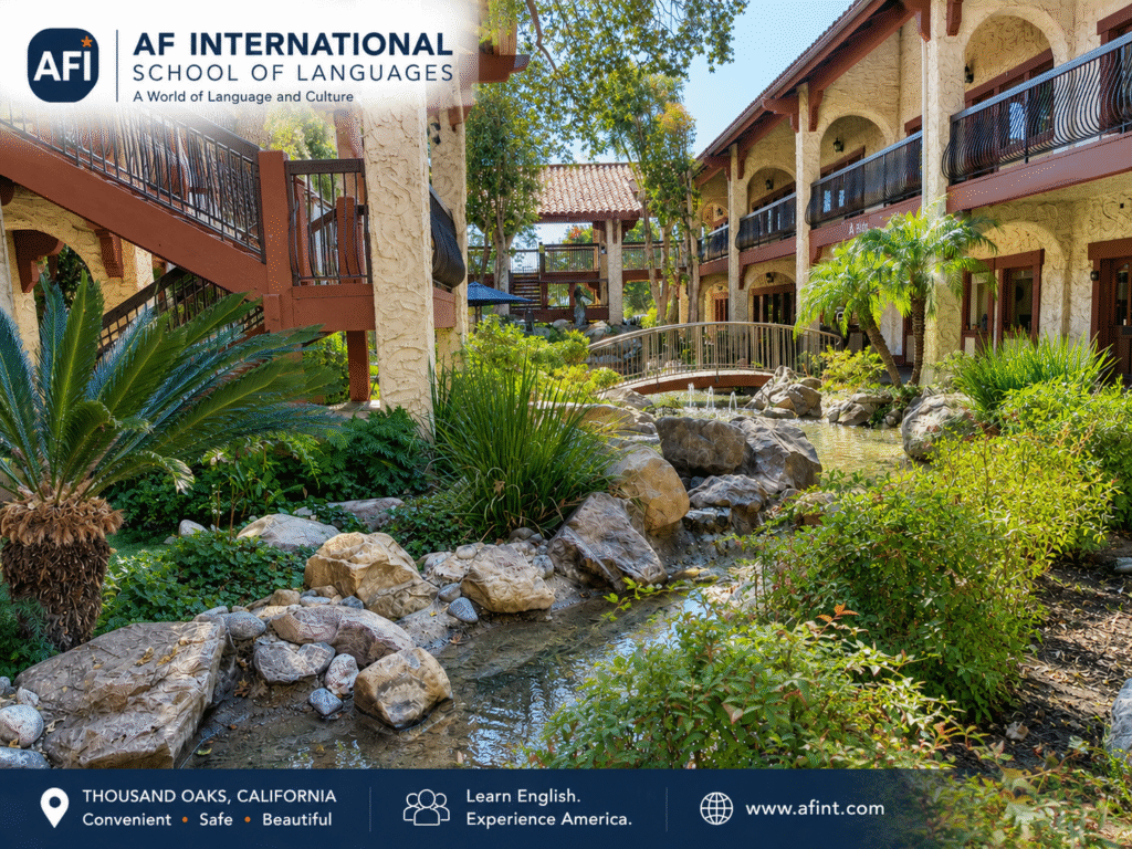 Outdoor courtyard at AF International School of Languages Thousand Oaks campus in California
