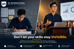Professional workplace communication skills for ESL learners transitioning from technical expertise to confident business presentations in the U.S. workplace.