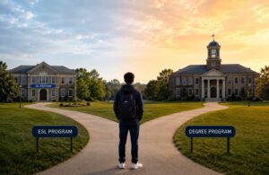 Flat illustration of a student at a crossroads choosing between an ESL school and a U.S. university degree program.