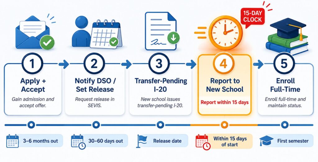 Five-step horizontal SEVIS transfer timeline highlighting the critical 15-day reporting deadline at step four.