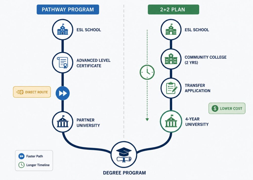 Two-track roadmap comparing the ESL pathway program route and the community college 2+2 plan to a U.S. degree.