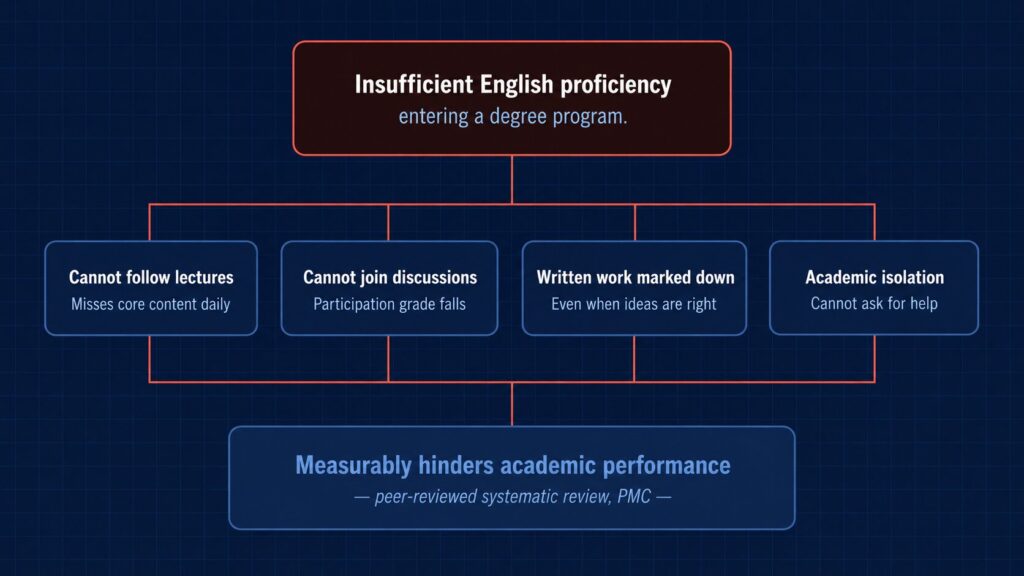 Flowchart showing how weak English skills lead to lecture, writing, discussion, and support barriers.