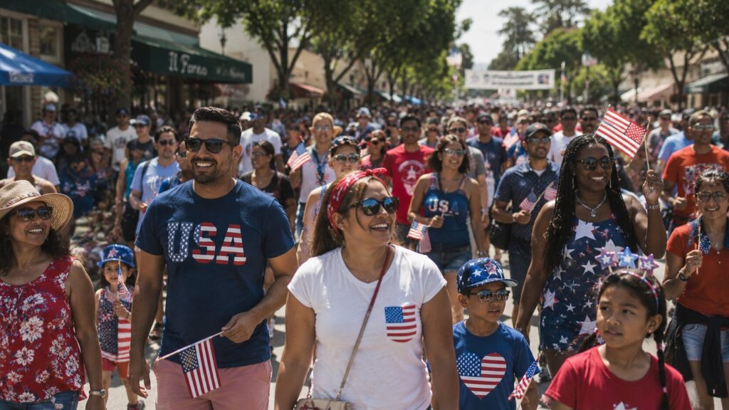 People wearing red, white, and blue outfits at a 4th of July parade in California