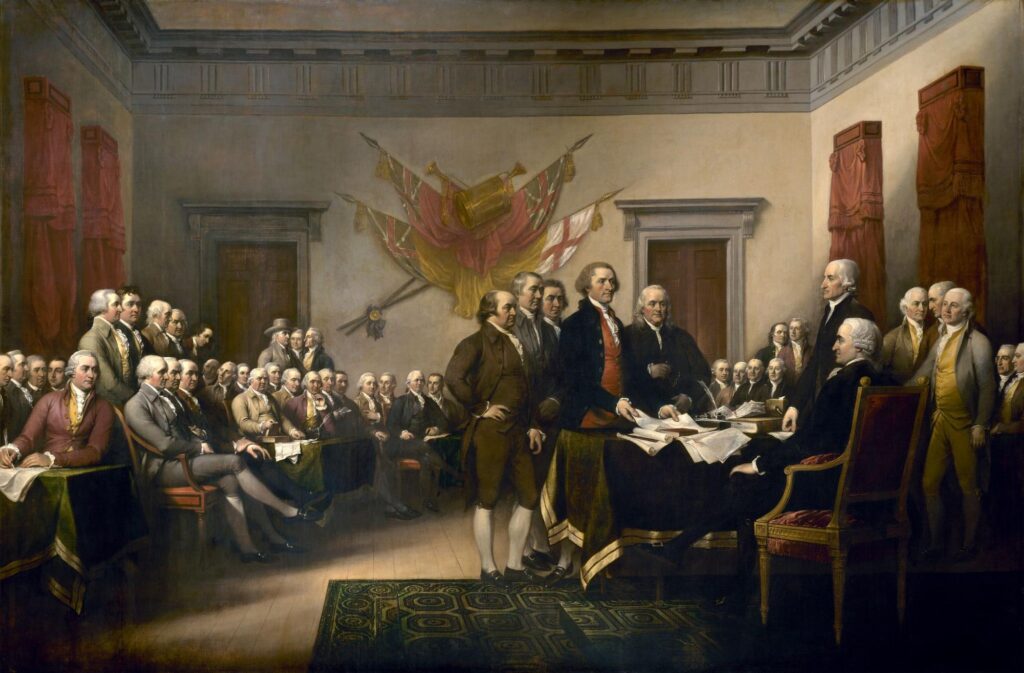 Trumbull's Declaration of Independence painting shows the drafting committee presenting the text to Congress.