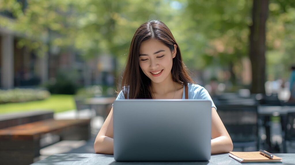 ESL student studying English vocabulary on a laptop outdoors on a sunny day