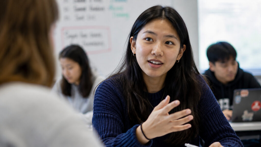  ESL student speaking in class — English as a Second Language learning environment in the U.S.