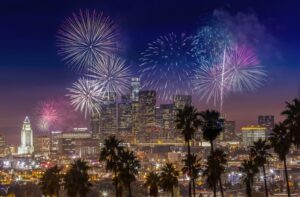 International student watching 4th of July fireworks at night in California