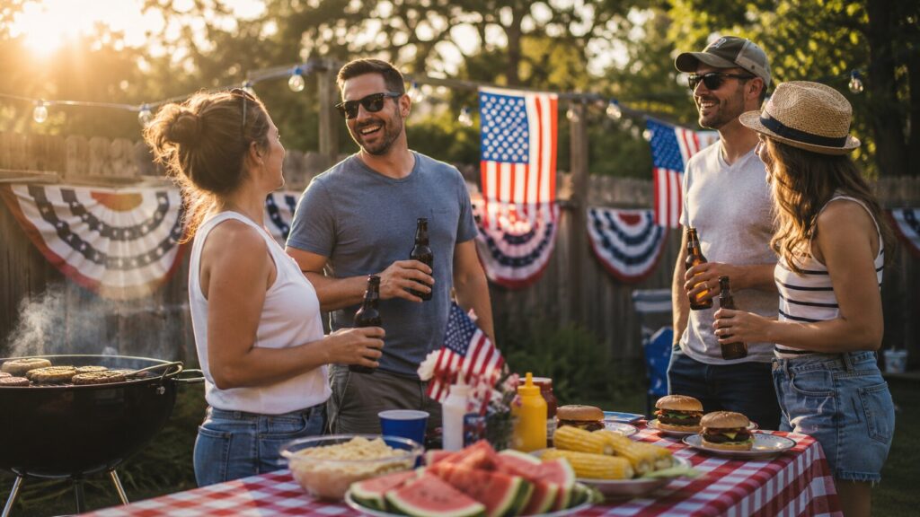 4th of July backyard barbecue with red white and blue decorations and American flags