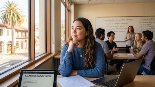 A female international student looks thoughtfully out a classroom window with classmates in the background.