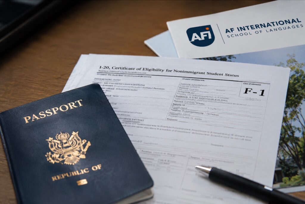 Foreign passport and Form I-20 for an F-1 international student.