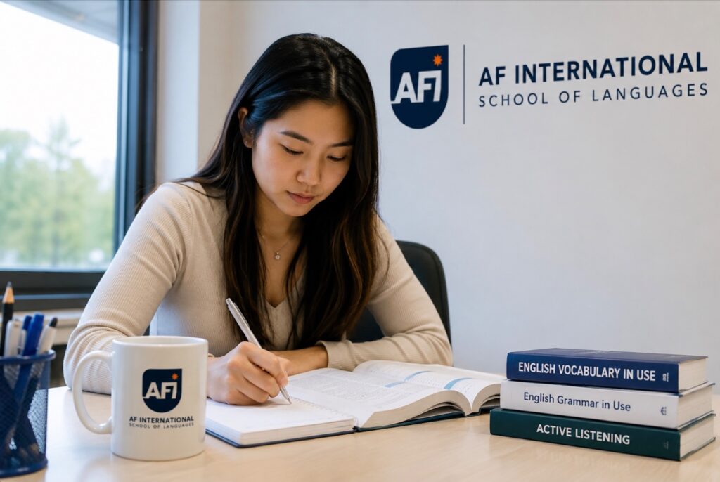 International student studying English in an ESL classroom.