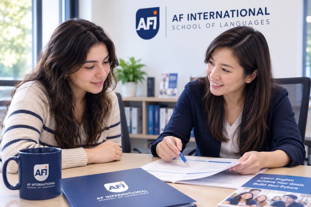 AF International advisor assisting an international student with admissions information.