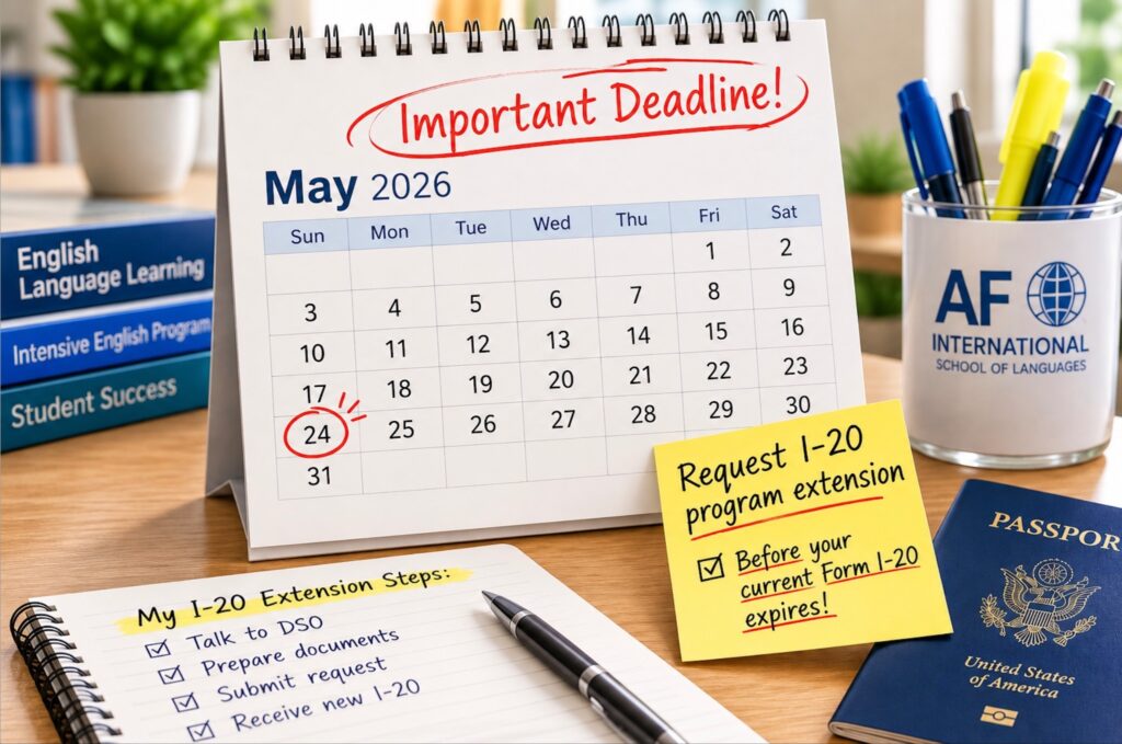 Calendar reminding students to apply for an I-20 extension before the deadline.